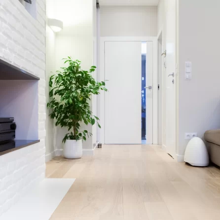 DRZWI VERTICAL V1 Z SZYBĄ BEZBARWNA PRZEZROCZYSTĄ - OŚCIEŻNICA STANDARD - OPASKI 80MM ŁĄCZONE PROSTO - KOLOR BIAŁY RAL 9003 SATYNA - ZAWIASY CHOWANE